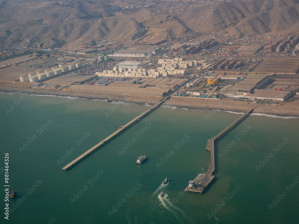 View From the Airplane of the Fishing Boats and the Port in the Pacific Ocean, in Lima, Peru