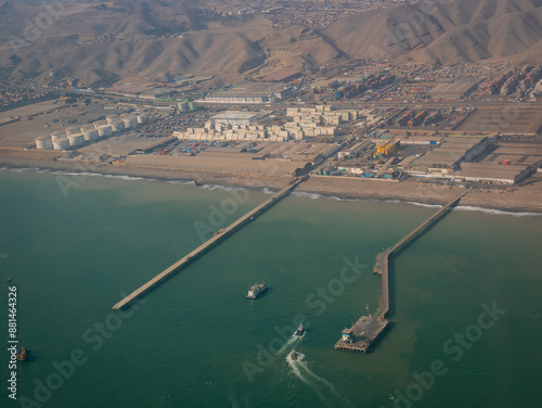 View From the Airplane of the Fishing Boats and the Port in the Pacific Ocean, in Lima, Peru