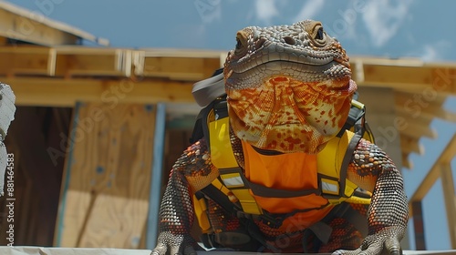 Gila Monster in a construction worker’s outfit, building a house