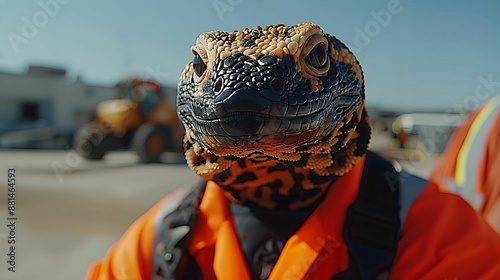 Gila Monster in a construction worker’s outfit, building a house