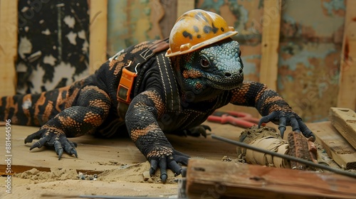 Gila Monster in a construction worker’s outfit, building a house
