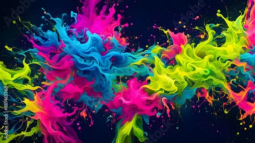 A dynamic splash of neon colors with paint splatter effects and fluid lines