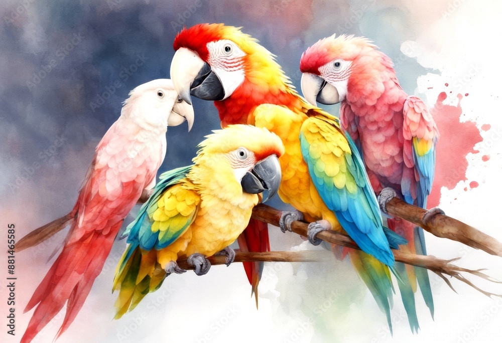Obraz premium background animal white watercolor red macaw illustration clipart colourful set tropical parrots yellow beak blue olated bird pink nature parrot birds