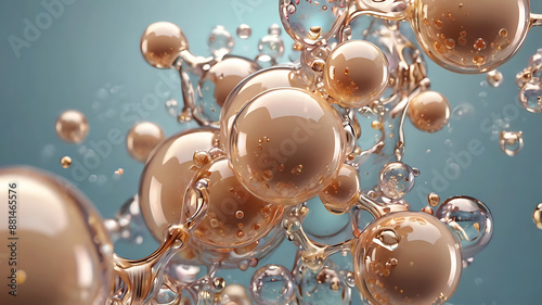 Collagen bubbles. Concept for cosmetics. liquid bubbles floating in air. 3d Cosmetic molecule cream. photo