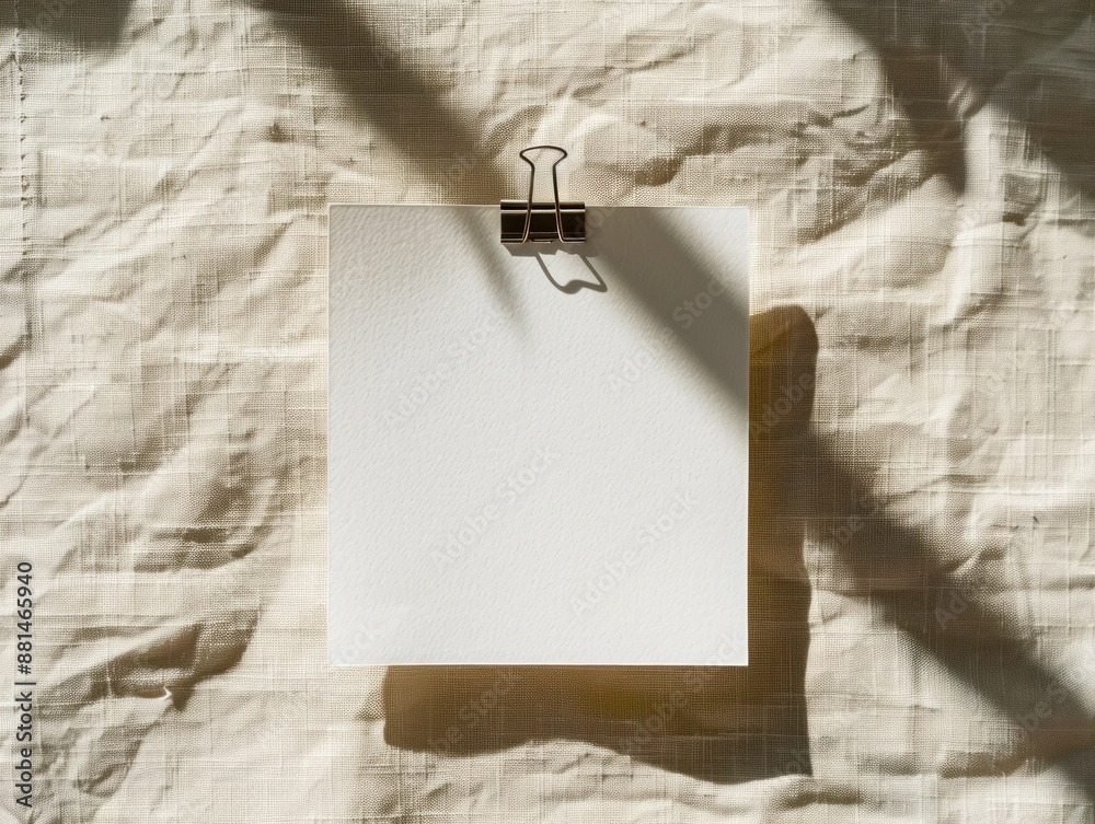 Blank Paper with a Clip on a Crumpled Fabric Background Blank Paper with a Clip on a Crumpled Fabric Background