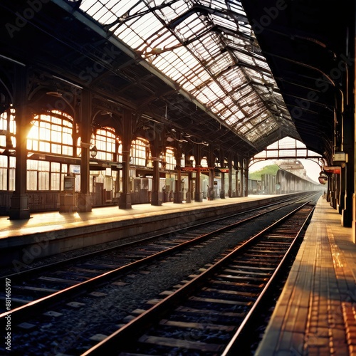 the AI Image Generator, picturesque scene of a train at a platform during sunset with warm interior lights and dramatic sky