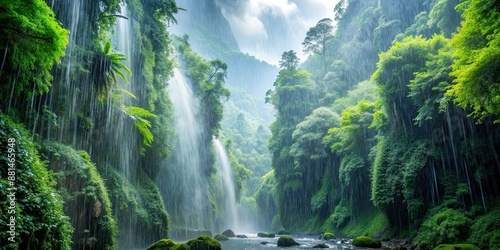 Rain falling in a lush forested canyon, rain, forest, canyon, trees, green, nature, wet, water, peaceful, tranquil