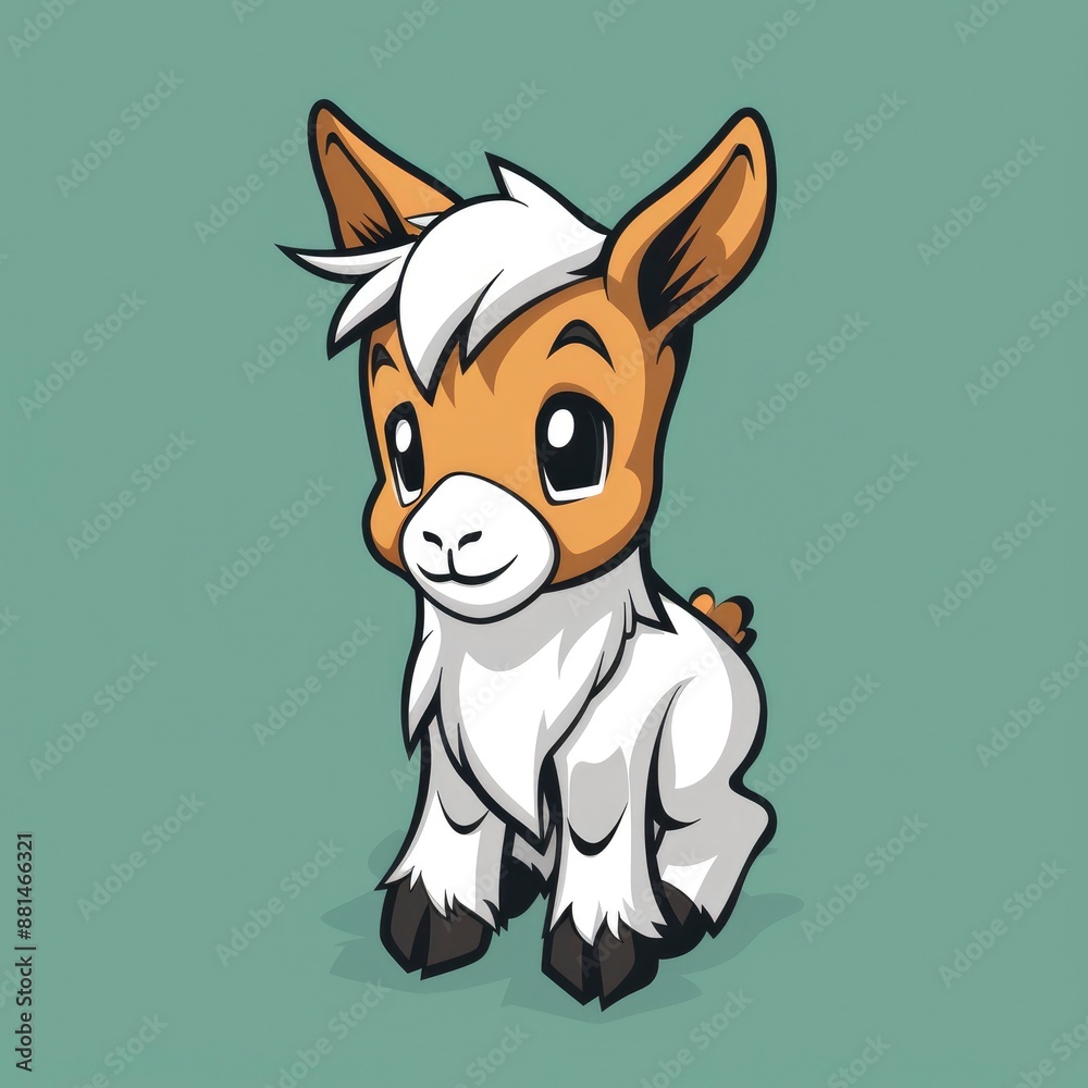 Obraz premium cute goat logo, simple flat, design with white and brown fur, hill shape against a green background, minimalist, color blocks