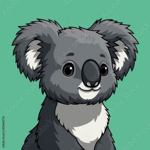  cute koala logo, simple flat, design with gray fur, eucalyptus shape against a green background, minimalist, color blocks photo