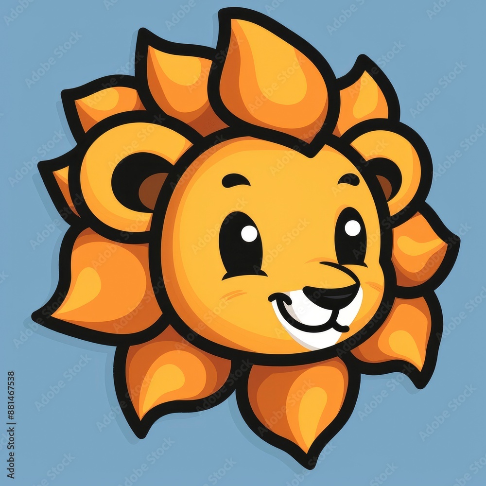 cute lion logo, simple flat, design with yellow and brown fur, sun shape against a light blue background, minimalist, color blocks cute lion logo, simple flat, design with yellow and brown fur, sun shape against a light blue background, minimalist, color blocks