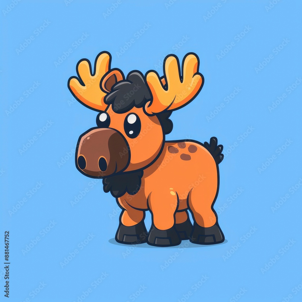 Obraz premium cute moose logo, simple flat, design with brown fur, mountain shape against a blue background, minimalist, color blocks