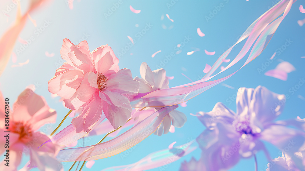 Fototapeta premium Background, Pink flowers and ribbons floating in the sky, dreamy and whimsical scene, soft pastel colors, copy space