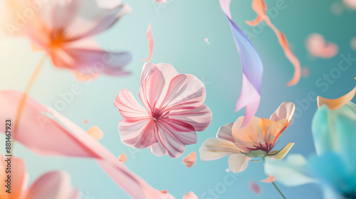 Background, Pink flowers and ribbons floating in the sky, dreamy and whimsical scene, soft pastel colors,  copy space
