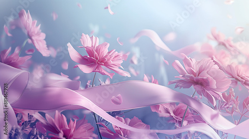 Background, Gently lilac flowers and ribbons floating in the sky, dreamy and whimsical scene, soft pastel colors,  copy space