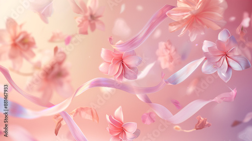 Background, Pink flowers and ribbons floating in the sky, dreamy and whimsical scene, soft pastel colors,  copy space
