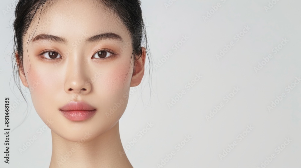 Asian woman with flawless skin for skincare ad. Diverse models for skincare advertising campaigns.