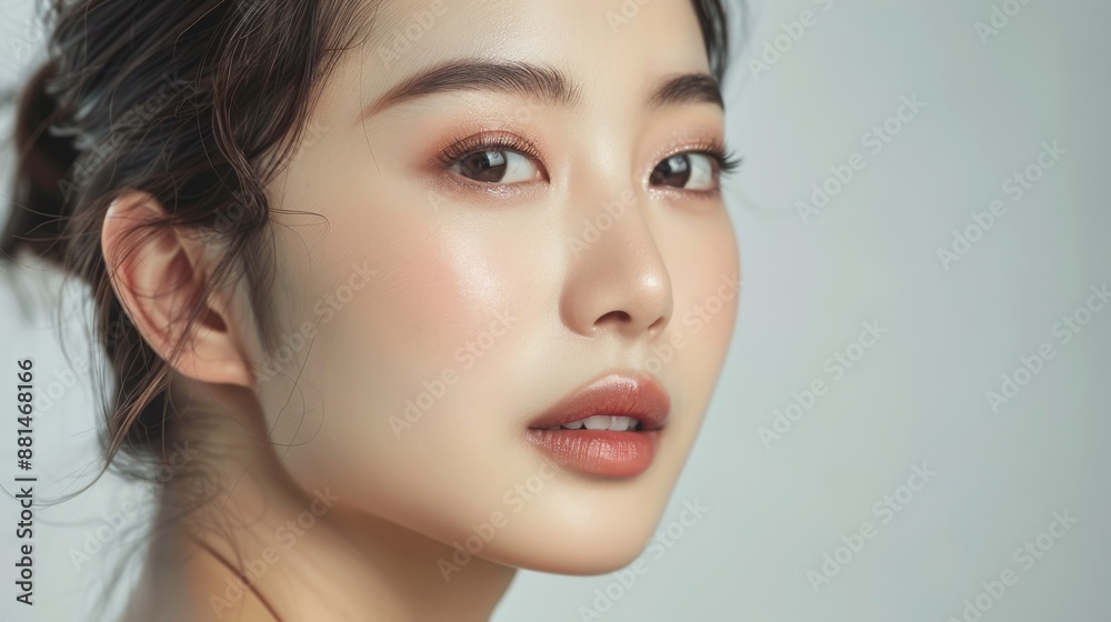 Naklejka premium A beautiful portrait of a young Asian woman with flawless skin and a natural, glowing complexion. Perfect for skincare product advertising and beauty campaigns.