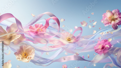 Background, Pink flowers and ribbons floating in the sky, dreamy and whimsical scene, soft pastel colors,  copy space
