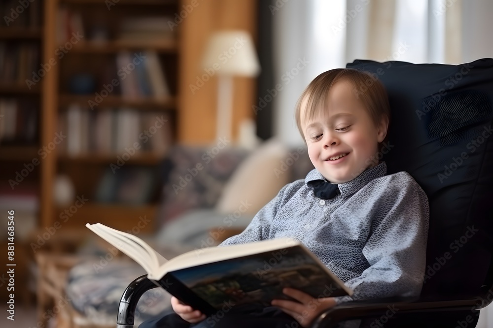 A adorable boy with Down syndrome absorbed in reading a book A adorable boy with Down syndrome absorbed in reading a book
