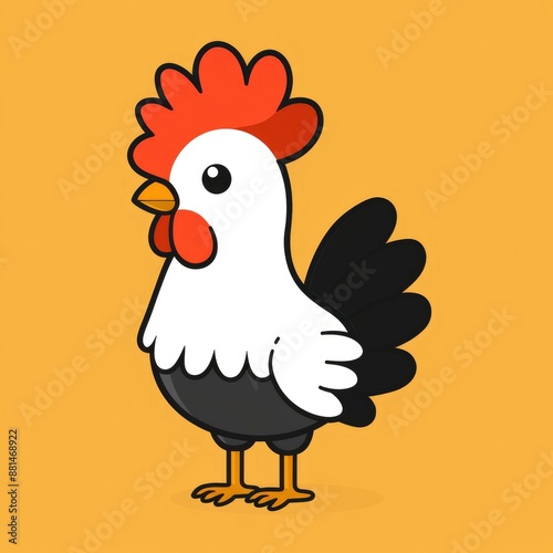  cute rooster logo, simple flat, design with red and white feathers, sunrise shape against a yellow background, minimalist, color blocks