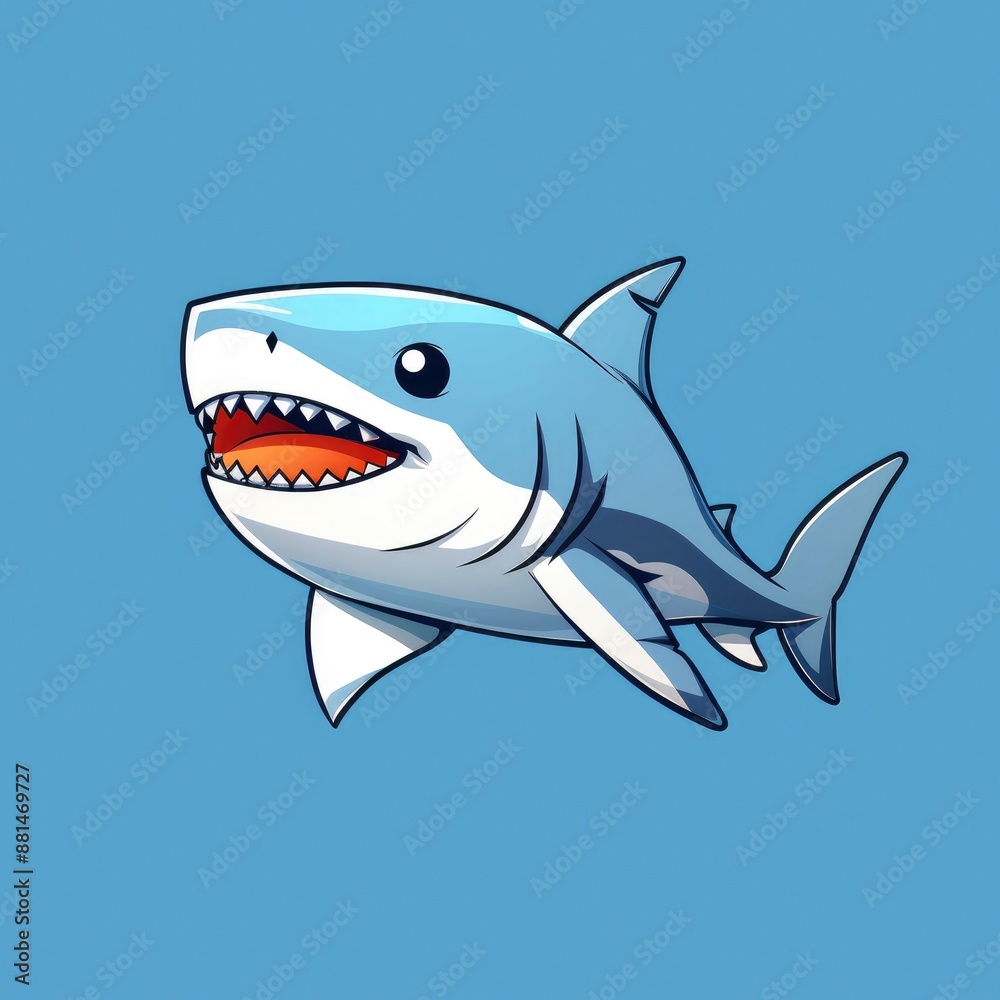 cute shark logo, simple flat, design with gray skin, fin shape against a blue background, minimalist, color blocks cute shark logo, simple flat, design with gray skin, fin shape against a blue background, minimalist, color blocks