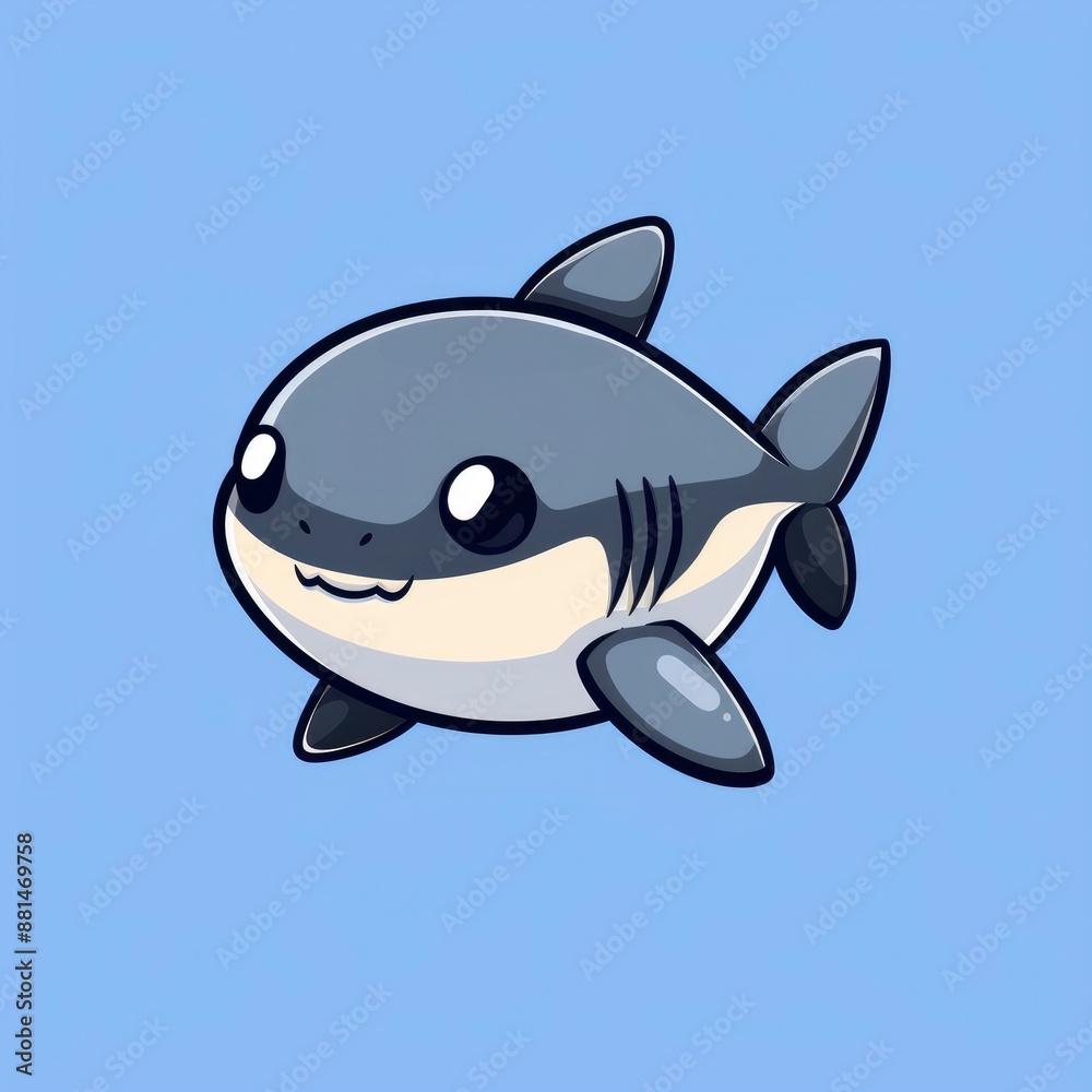 cute shark logo, simple flat, design with gray skin, fin shape against a blue background, minimalist, color blocks cute shark logo, simple flat, design with gray skin, fin shape against a blue background, minimalist, color blocks