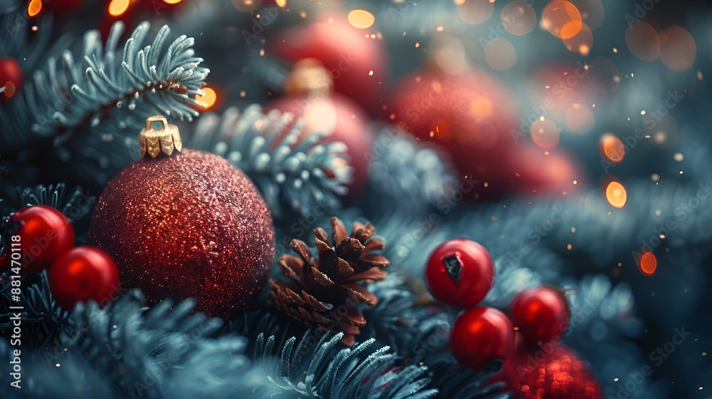 a close up of a christmas tree with ornaments. a close up of a christmas tree with ornaments.