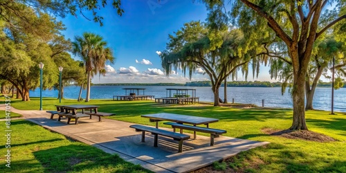 Recreation area with picnic tables, playground photo