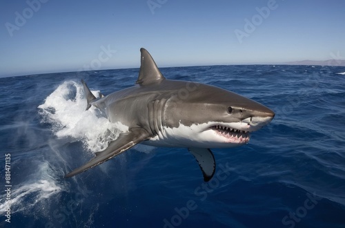 Great white shark leaping out of ocean water powerful jaws agape