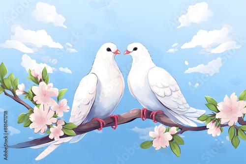 Two lovebirds on a branch with leaves in spring