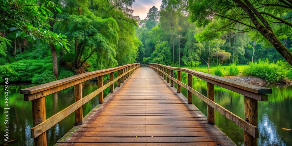 Fototapeta premium Wooden bridge crossing over serene river with lush greenery in the background, wooden, bridge, river, lush, greenery, nature