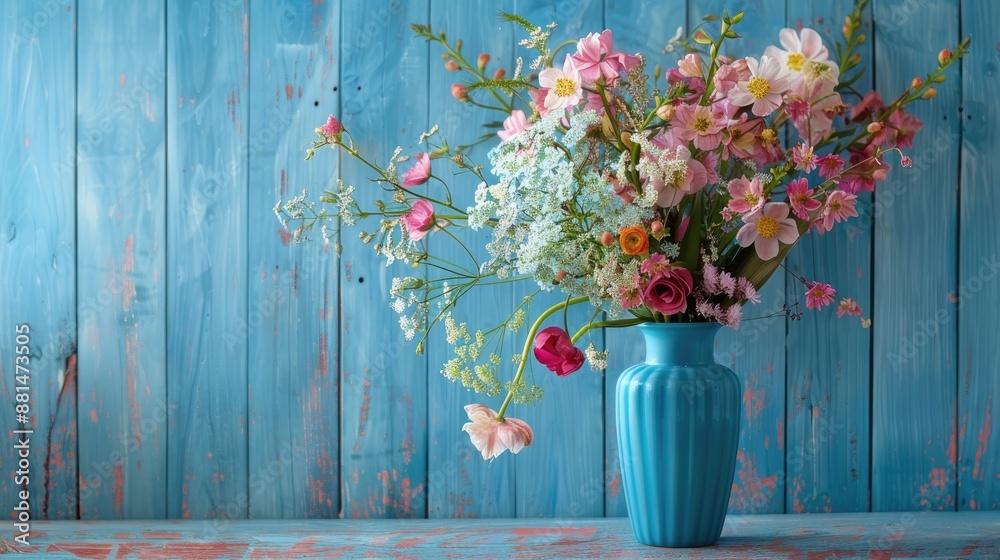 Fototapeta premium Floral arrangement in a blue vase on a table against a blue wooden wall