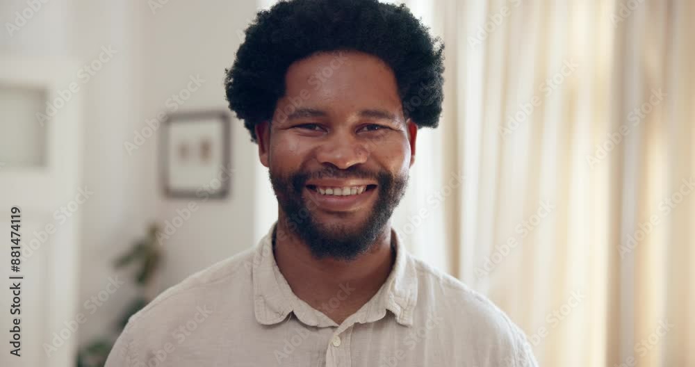 Portrait, black man and happy in home with confidence on break to relax, chill and day off. Satisfied, smile and calm with positivity for me time in apartment to rest for self care and wellness