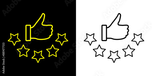 Customer review rating with 5 stars and thumb up feedback. Five star rating badge, review rating icon.