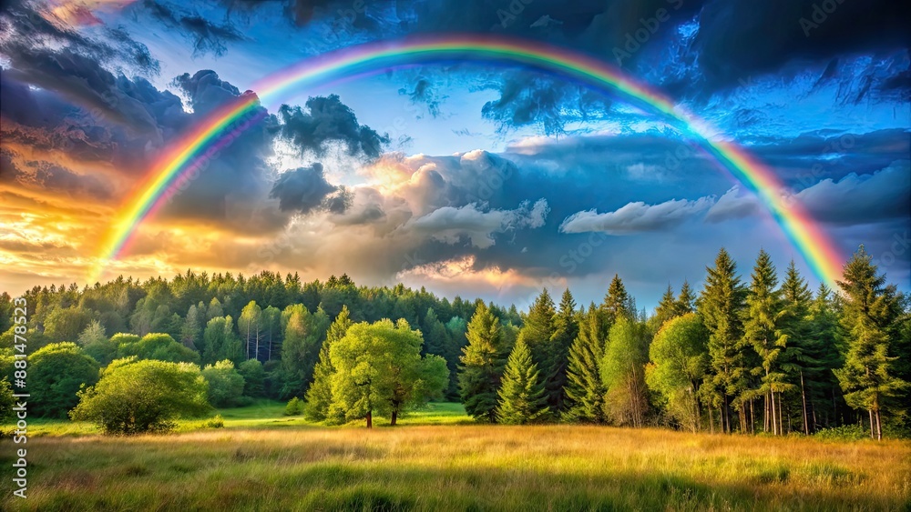 Obraz premium Rainbow over sunlit forest, trees sparkling after rain, rainbow, horizon, sunlit, forest, trees, sparkling, rain, nature