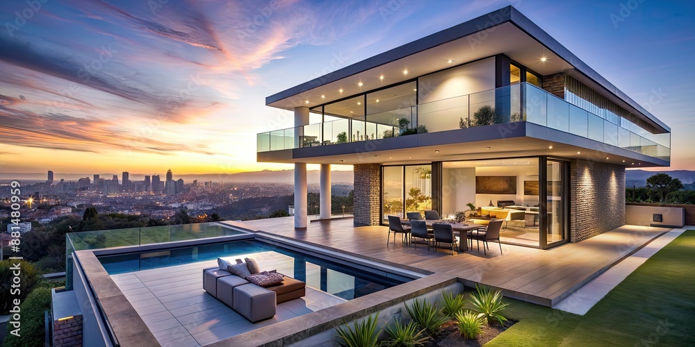 Fototapeta premium Luxurious modern home with stunning cityscape views at dusk , luxury, modern, home, house, cityscape, twilight, evening