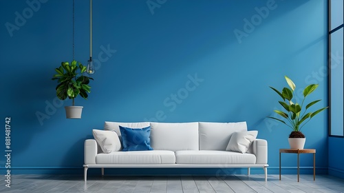 Minimal living room with blue wall texture background