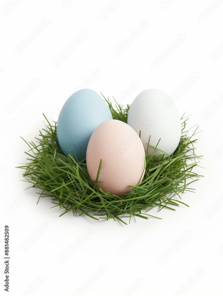 Easter eggs on grass, isolated on white background, with digital editing, Easter concept.