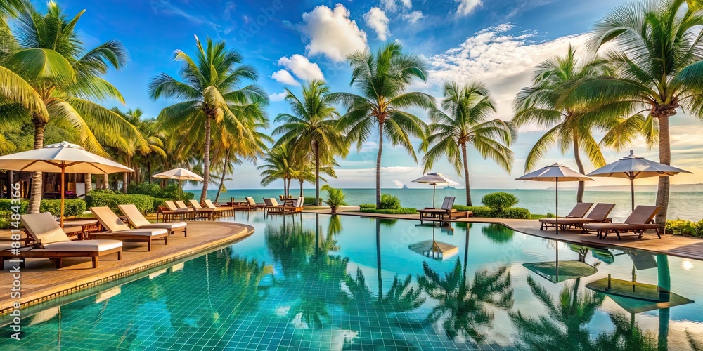 Luxurious pool area in a tropical resort with crystal clear water, palm trees, lounge chairs, and umbrellas Luxurious pool area in a tropical resort with crystal clear water, palm trees, lounge chairs, and umbrellas