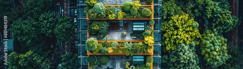 Aerial View of Modern Urban Building with Lush Green Rooftop Gardens Surrounded by Dense Trees