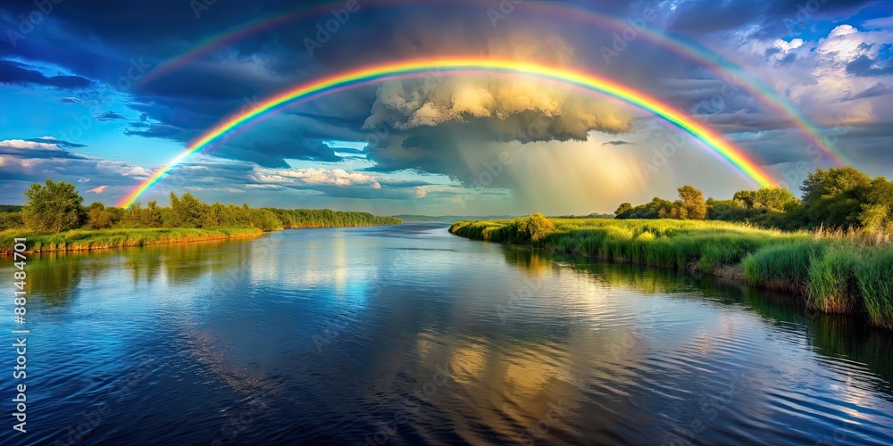 Rainbow arcing over a calm river, nature, colorful, vibrant, scenery, water, reflection, peaceful, serene Rainbow arcing over a calm river, nature, colorful, vibrant, scenery, water, reflection, peaceful, serene