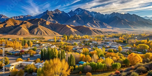 Kyrgyz town Balykchy with mountain ridge in autumn afternoon, Kyrgyz, town, Balykchy, cityscape, mountain, ridge, autumn photo