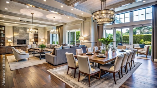 Luxurious open-concept dining and living area in a high-end home setting, modern, sophisticated, elegant