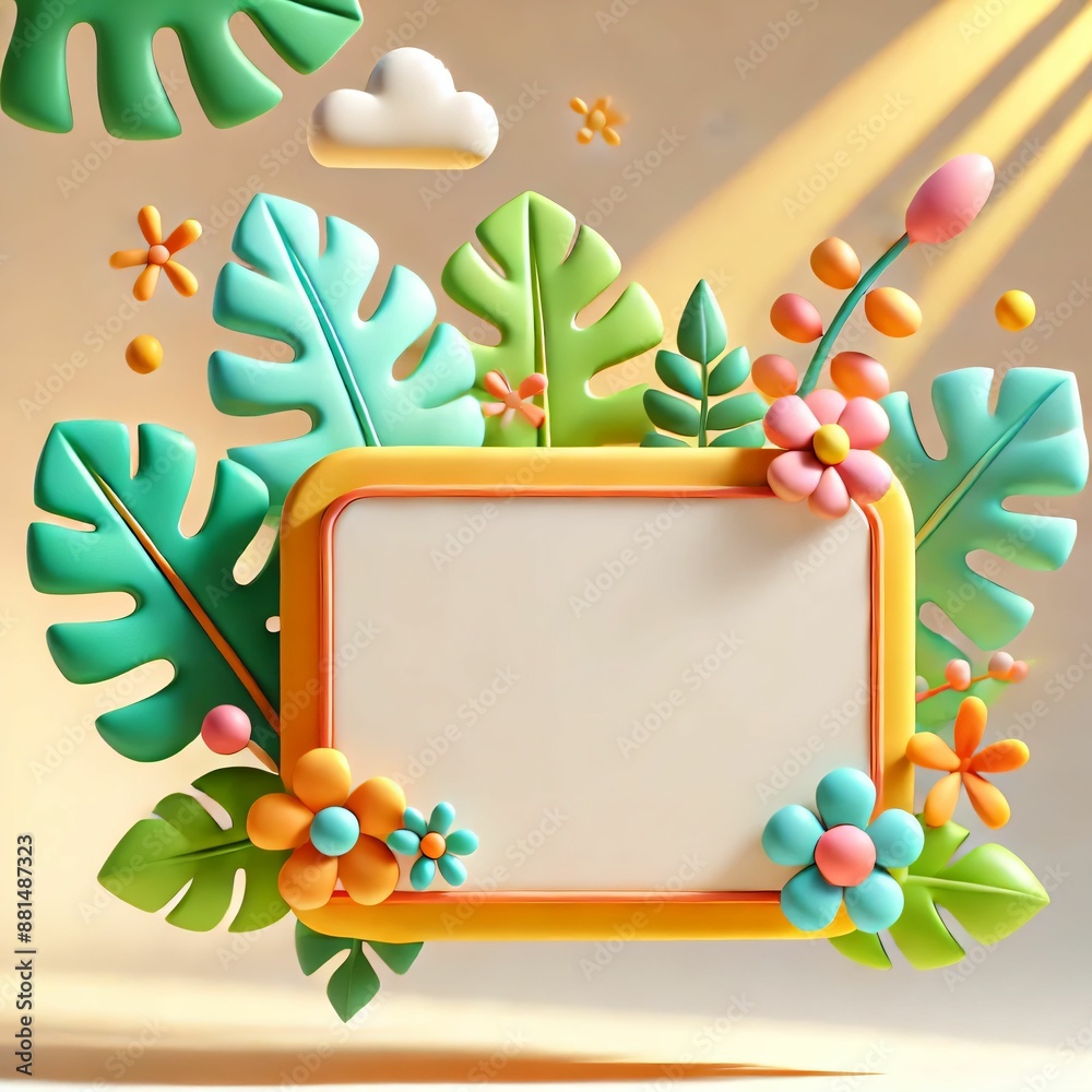 Fototapeta premium 3D Cartoon Signboard with Shopping Bag and Tropical Decor