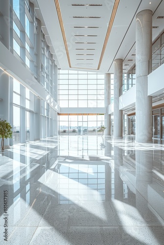 Modern Sunlit Office Lobby with Large Windows and Polished Floors © Sunshine