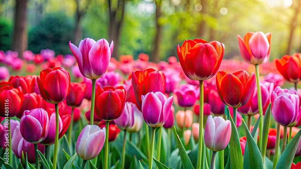 Fototapeta premium Vibrant red and pink tulips blooming in a garden , spring, flowers, vibrant, colorful, nature, petals, floral, garden, blooming