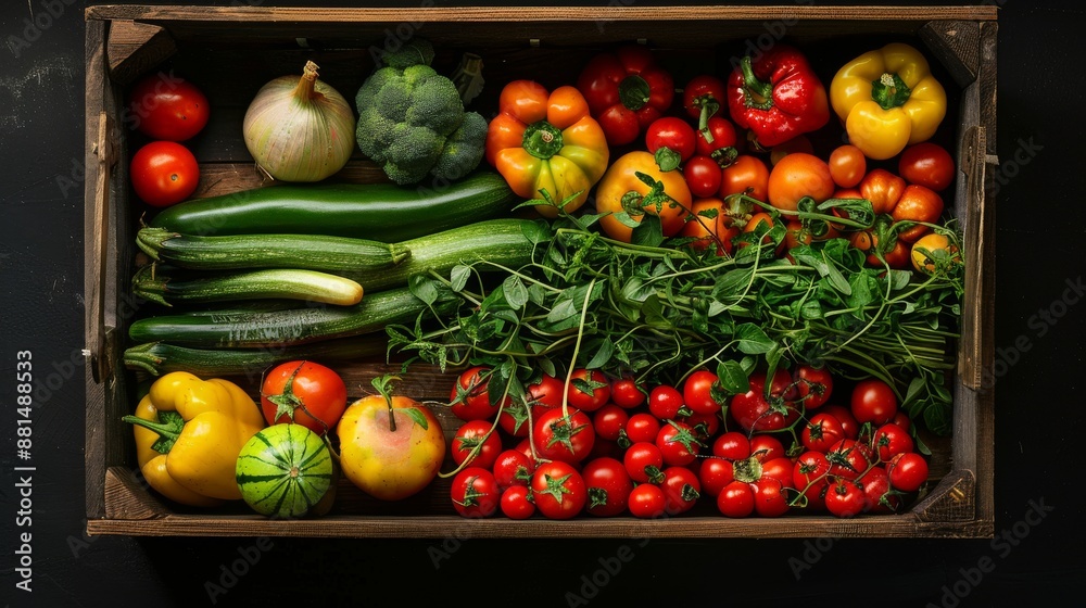 Fresh produce harvest in rustic wooden crate, black background. Ideal for marketing fresh produce, healthy recipes, or farm stands. Fresh produce harvest in rustic wooden crate, black background. Ideal for marketing fresh produce, healthy recipes, or farm stands.