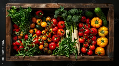 Fresh produce harvest in rustic wooden crate, black background. Ideal for marketing fresh produce, healthy recipes, or farm stands.