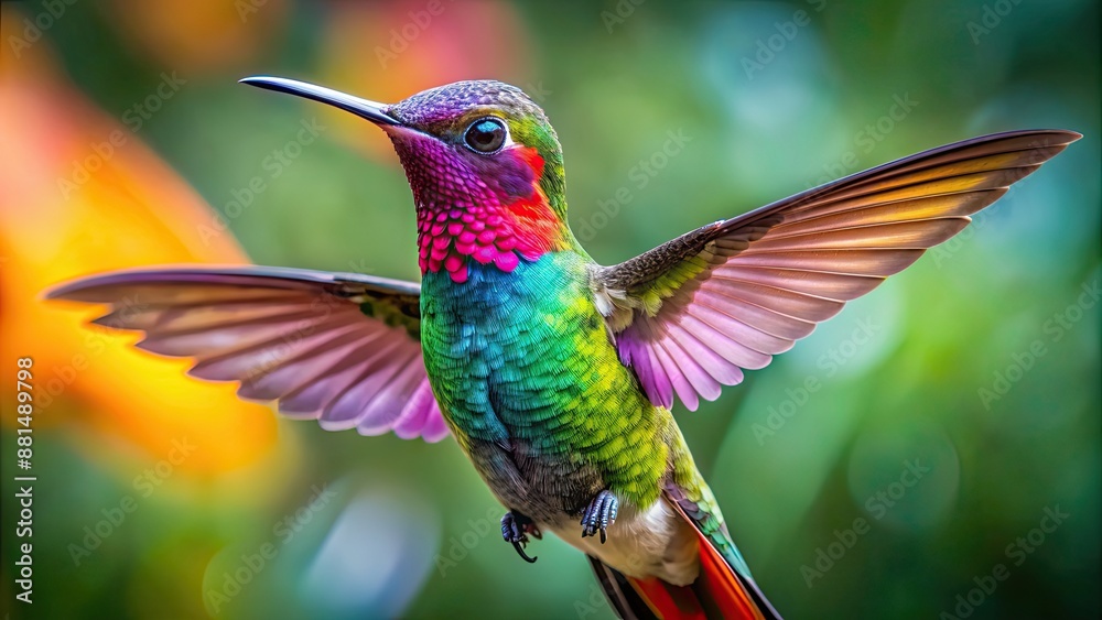 Fototapeta premium Vibrant macro shot of a colorful hummingbird displaying its delicate wings and vibrant feathers, hovering, mid-air