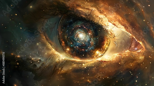 A close up of an eye with a spiral galaxy in the center. The eye is surrounded by a blurry, hazy background. The galaxy appears to be glowing and pulsating, giving the impression of a cosmic explosion